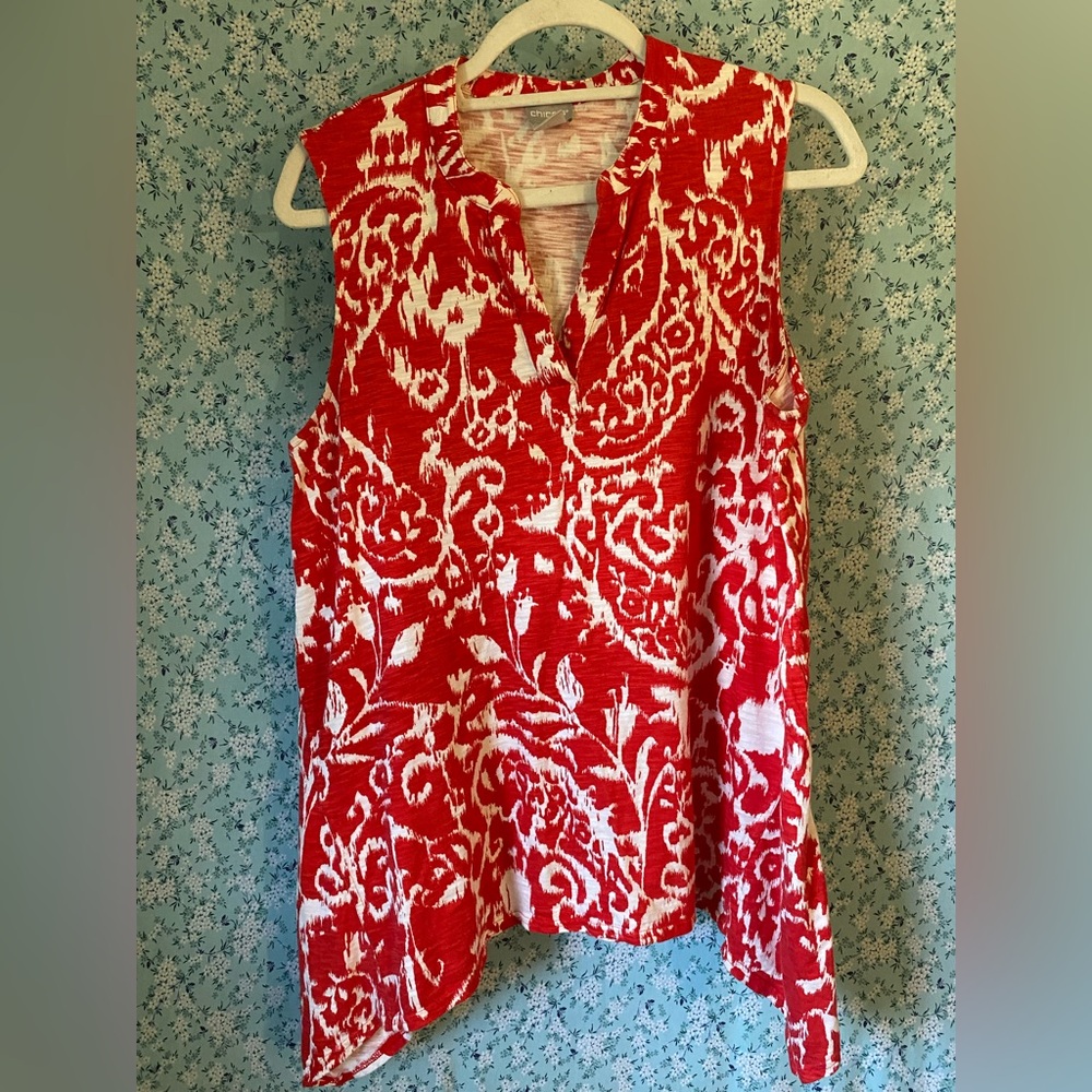Chico's Red and White Sleeveless Printed V-Neck Top